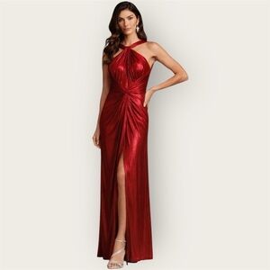 NWT Tadashi Shoji | deep red draped halter neck metallic gown long dress maxi XL